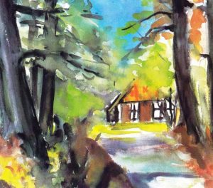 Christa Goebel, Schafstallscheune Ramsbrock, Aquarell 1989, 33,0 x 45,0 cm, Privatbesitz in Bielefeld-Senne