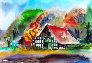 Christa Goebel, Nordkotten Ramsbrock, Aquarell 1988, 29,0 x 39,0 cm, Privatbesitz in Bielefeld-Senne