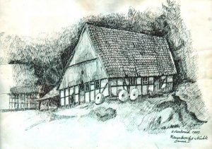 Eduard Herterich, Wassermühle Ramsbrock, Tuschezeichnung 1987, 29,5 x 40,0 cm, Besitz Museum Osthusschule