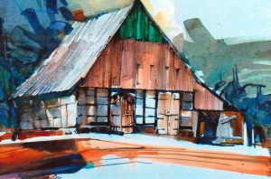 Roland Kündahl, Schafstallscheune Ramsbrock, Aquarell 2010, 40,5 x 60,0 cm, Privatbesitz in Bielefeld-Senne